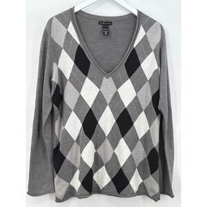 New York & Company Argyle V-Neck Sweater Grey Black White XL Long Sleeve